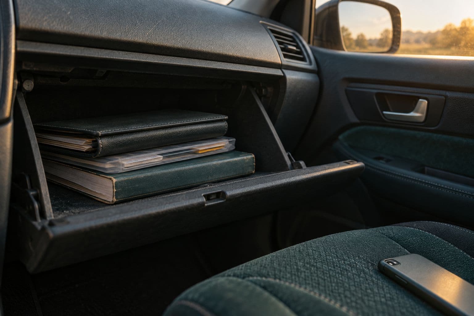 An open glovebox with a folder of car papers, a phone on the passenger seat.