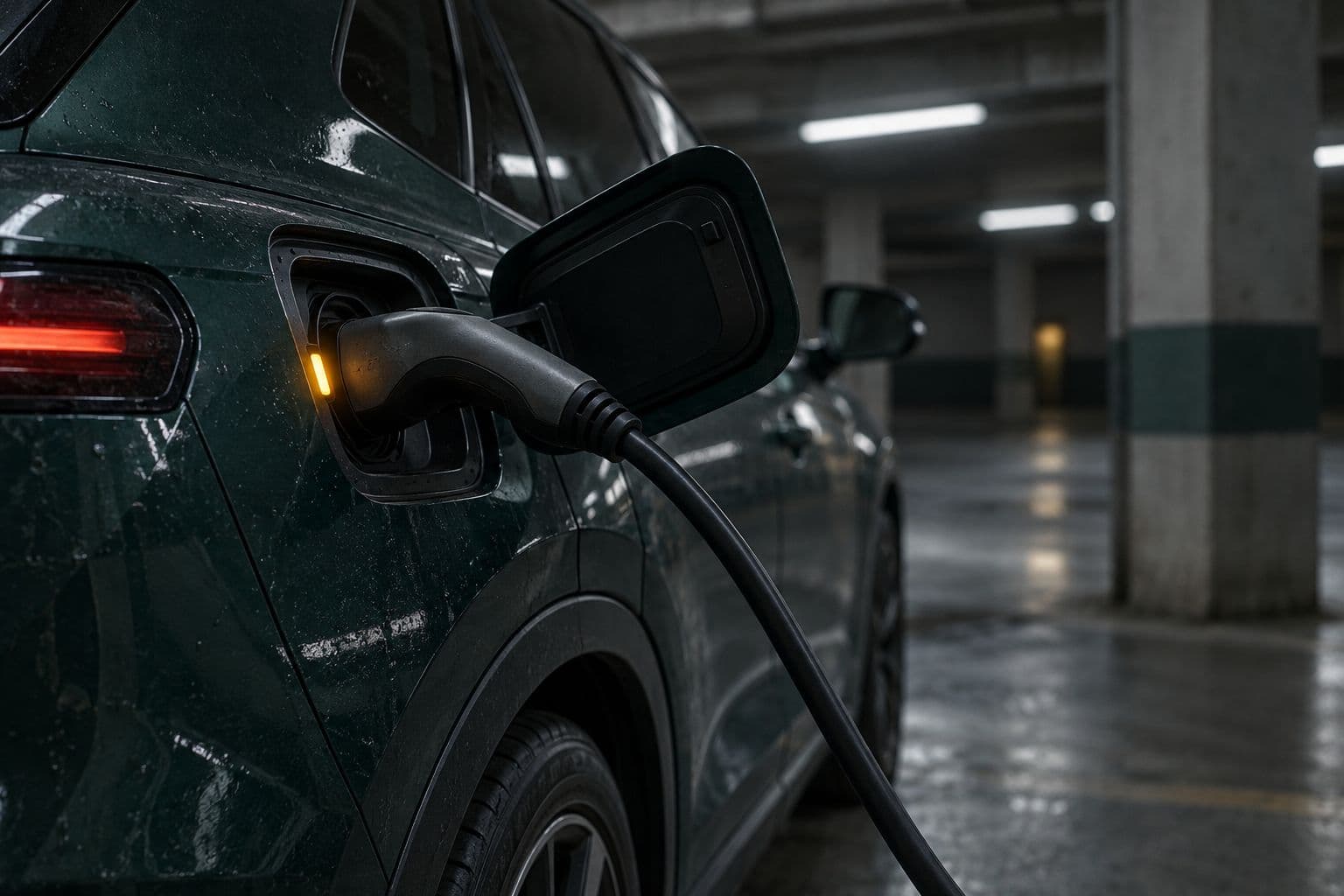 An electric car plugged in to charge in an underground garage at night.